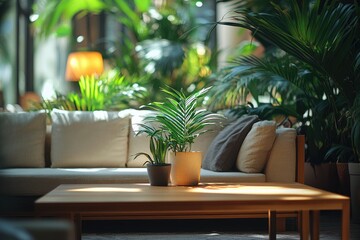 Green plants bringing tropical vibe to modern living room interior design