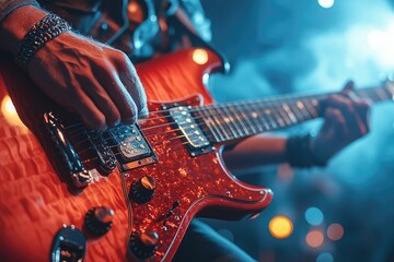 Poster - Guitarist playing electric guitar on stage with scenic lighting