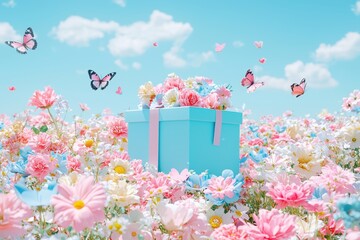 Colorful flowers and gift box in a dreamy, whimsical landscape