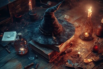 Wall Mural - A black witch's hat sits on top of a stack of books