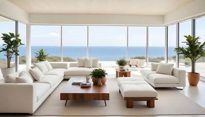 Wall Mural - A modern, minimalist living room with large windows overlooking a scenic ocean view. The room features white sofas, a wooden coffee table, and potted plants.