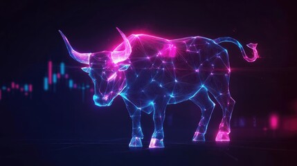 Poster - A futuristic, neon glowing bull concept representing strength in finance and stock market trends. Ideal for financial themes.