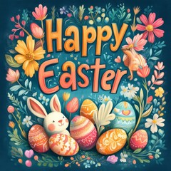 Poster - A festive Easter greeting with a bunny, eggs, and flowers.