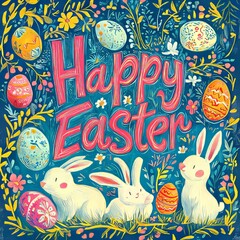 Canvas Print - A festive Easter greeting with three white rabbits and colorful eggs surrounded by flowers and leaves.