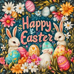 Wall Mural - A festive Easter scene with rabbits, colorful eggs, and flowers celebrating the holiday.