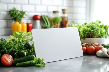 Poster - A white board with a blank space sits on a table with a variety of vegetables