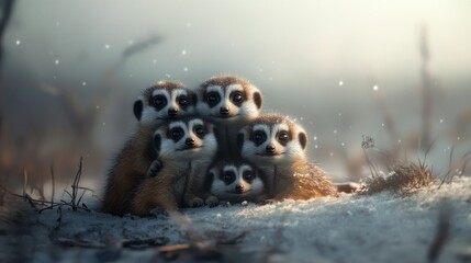 Canvas Print - Five Meerkat Pups Huddled Together in Snow