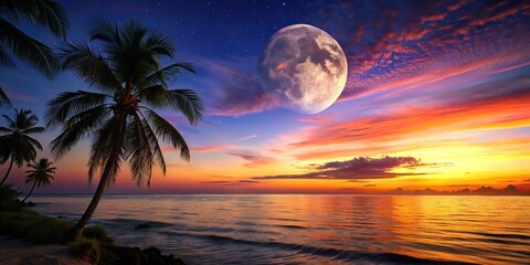 Wall Mural - tropical sunset night landscape with moon