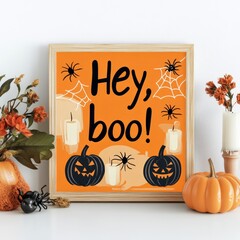 Sticker - A festive Halloween-themed print featuring pumpkins, candles, and spider decorations.