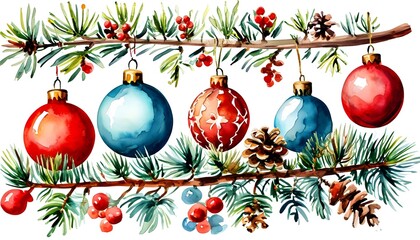 Wall Mural - Charming watercolor depiction of Christmas ornaments and decorations nestled among pine branches, celebrating the joy of the holiday season and winter festivities