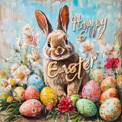 Canvas Print - A festive illustration featuring a rabbit surrounded by colorful Easter eggs and flowers.