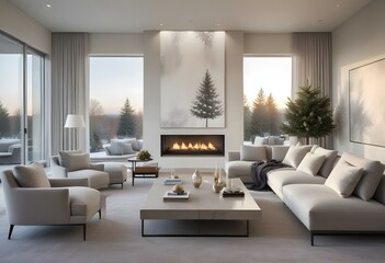 Wall Mural - A modern and luxurious living room with a large fireplace, gray sofas, and a large abstract painting on the wall. The room has large windows.