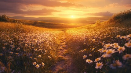 Golden light spills over the horizon as a pathway winds through a blooming meadow, the flowers glowing in the soft light of sunset