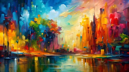 Vibrant abstract cityscape painting with reflections on water and colorful skyline at sunset copy space