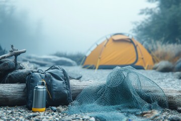 A tent is set up in the woods with a backpack and a thermos