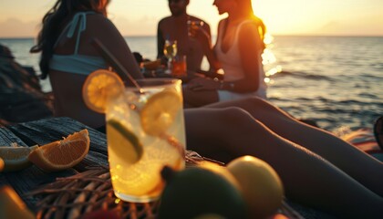 Wall Mural - Sunny Sunset Picnic by the Sea: Friends Enjoying Lemonade and Fresh Fruits on a Summer Getaway