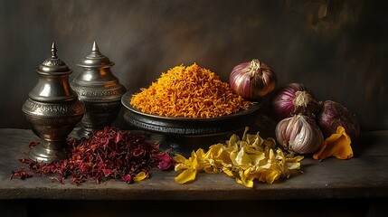 Canvas Print - Still Life with Saffron Rice, Spices, and Onions