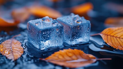 Wall Mural - Ice cubes on a wet surface surrounded by autumn leaves.