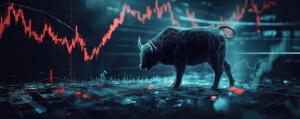 Poster - A dynamic representation of a bull symbolizing market growth amidst fluctuating stock graphs and digital elements.