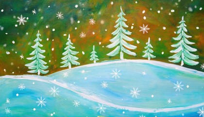 Wall Mural - Winter wonderland scene with snowflakes and pine trees, acrylic and oil paint background, Christmas theme 