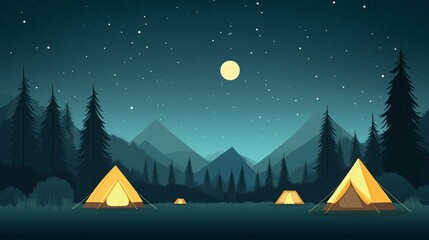 Campsite Under a Starry Sky: A serene landscape of mountains, illuminated by a full moon and a starry sky, with tents glowing in the distance. Perfect for evoking a sense of peace and tranquility.  