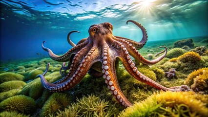 Underwater octopus among seaweed