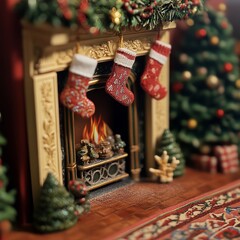 Wall Mural - A fireplace with stockings hanging above it, with Christmas decorations around it.