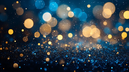Wall Mural - background of abstract glitter lights blue gold and black de focused banner