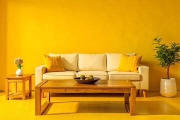 Rustic coffee table near white fabric sofa against window Japandi style home interior design of modern living room