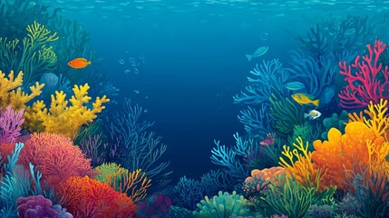 Vibrant underwater scene with colorful coral reefs and tropical fish swimming gracefully.