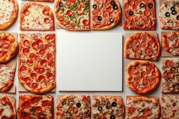 Wall Mural - A wooden board with a white background and a variety of pizzas on it