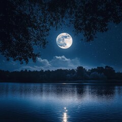 a full moon shines brightly over a calm lake, its reflection shimmering on the water's surface. the 