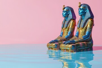 Two statues of Egyptian gods are sitting in the water