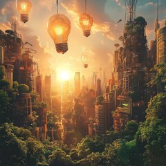 Poster - A futuristic city with glowing light bulbs hanging in the sky, a representation of a sustainable and eco-friendly future.