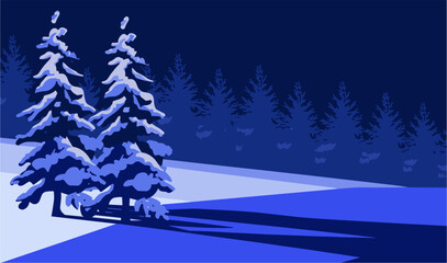 Winter landscape with night forest and snowy fir trees. Vector design for Christmas, New Year banner, cover, cards, invitations.