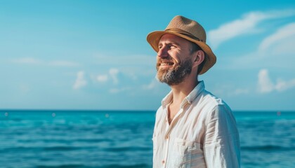 Wall Mural - Seaside Serenity: A Handsome Vacationer's Tranquil Stroll by the Ocean