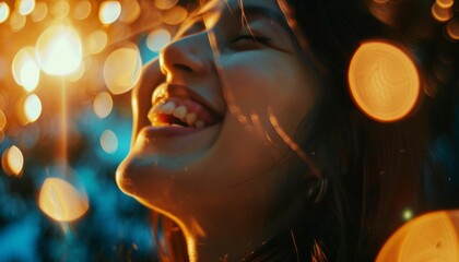 Wall Mural - A Moment of Joy: Capturing the Happiness Concept in a Close-Up Shot of a Young Woman at 7:4 Aspect R