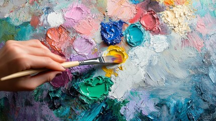 A hand swirls a paintbrush through a chaotic mixture of vivid colors on a textured palette, reflecting the vibrant process of artistic creation in a studio setting