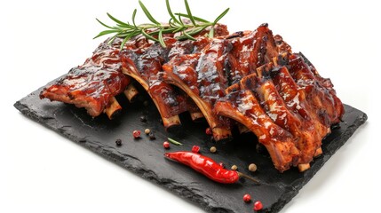 Delicious grilled ribs on a stone plate isolated on a white background.