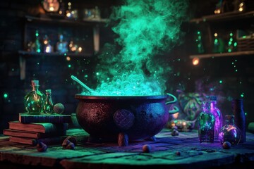 A black cauldron sits on a table with various bottles and vials of potions