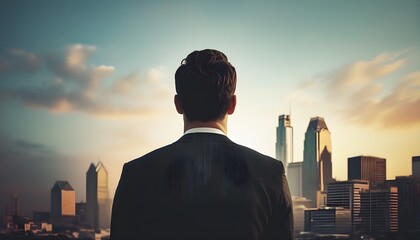 businessman poised before an urban skyline at dusk