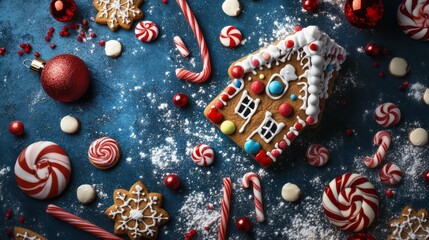 Sticker - A gingerbread house surrounded by candy canes, cookies, and red ornaments on a blue background.