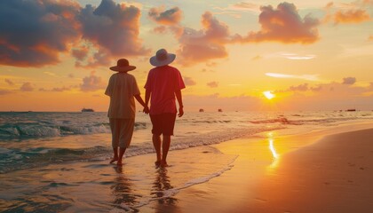 Wall Mural - Serene Sunset Stroll: Retired Asian Couple Embrace the Beauty of Tropical Island Beach on Summer Hol