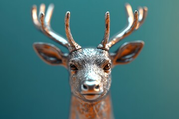 A deer head with gold horns is sitting on a surface