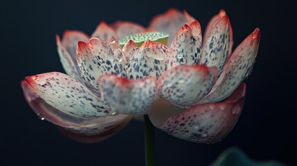 Canvas Print - Close-up of a Pink and White Spotted Lotus Flower with Water Droplets