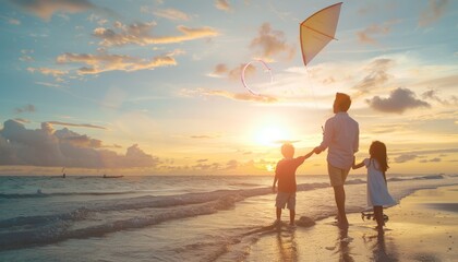 Wall Mural - Sunset Kite-Flying Fun: A Joyful Asian Family's Beachside Adventure