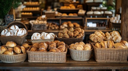 A variety of artisanal breads, including croissants and rolls, are beautifully arranged in wicker baskets at a cozy local bakery, inviting customers to indulge