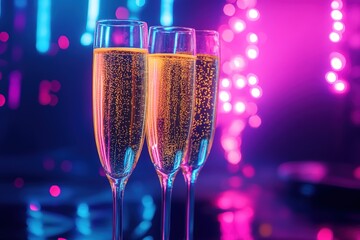 Bubbly champagne glasses with vibrant party backdrop