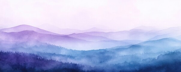 Aufkleber - A serene watercolor landscape featuring soft blue and purple mountains under a pastel sky, perfect for tranquil artwork.