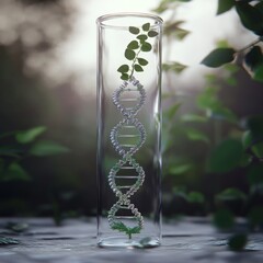 Poster - A glass test tube with a DNA strand and a small green plant growing inside, symbolizing the connection between nature and science.